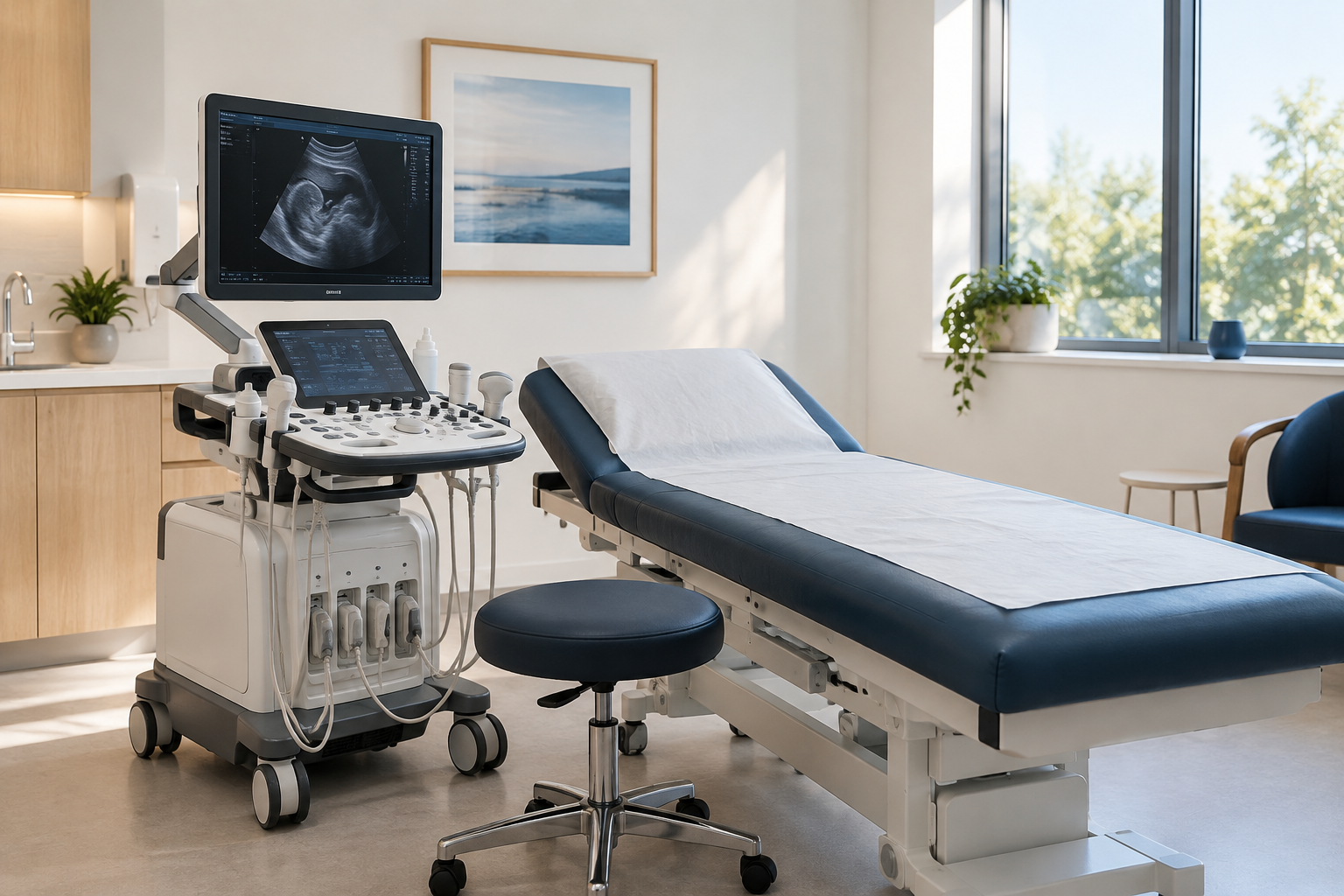 Illustrative ultrasound room with an examination bed
